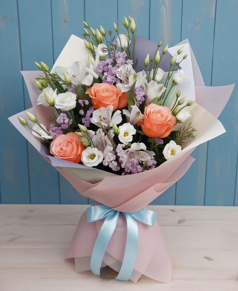 Букет цветов из: Лизиантусы, Розы, Альстромерии и Гипсофила в Балакирево