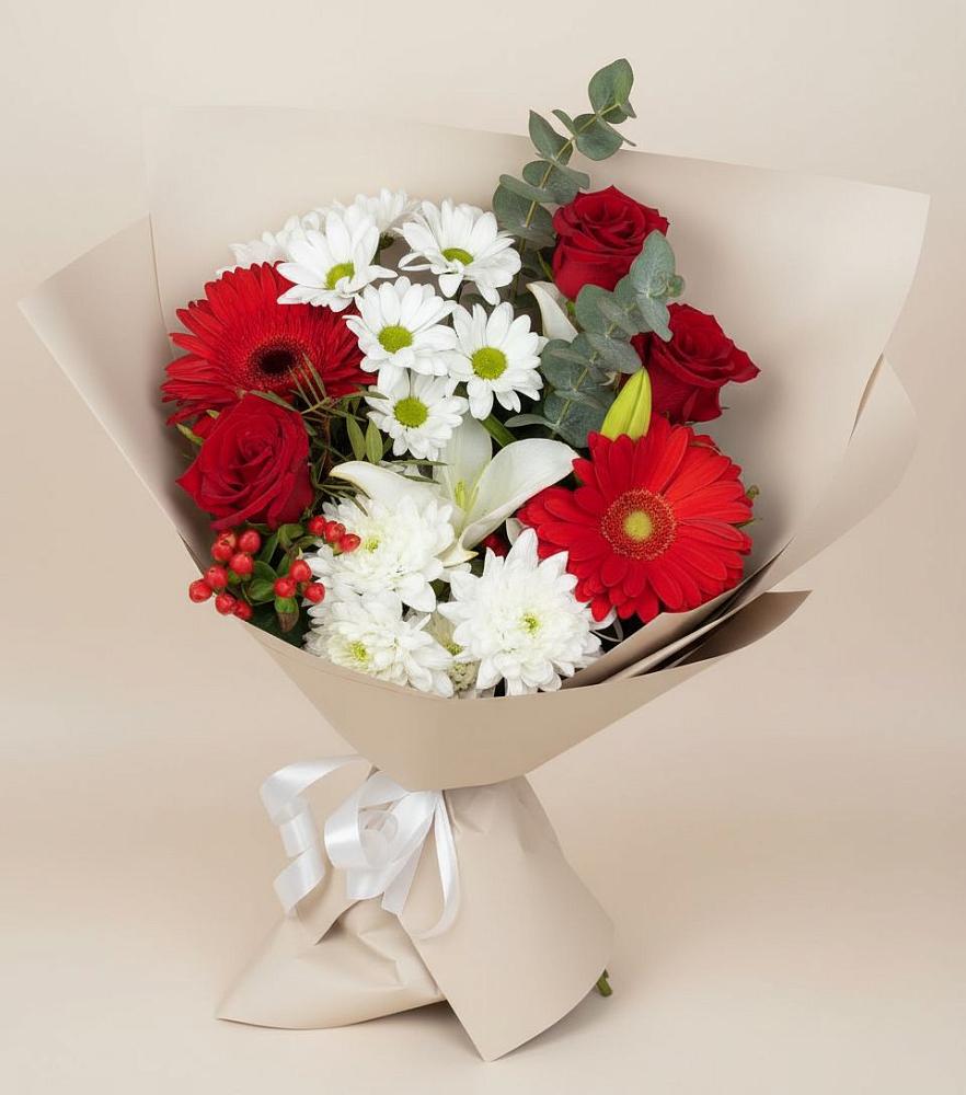Букет цветов из: Розы, Хризантемы, Герберы и Лилии в Балакирево